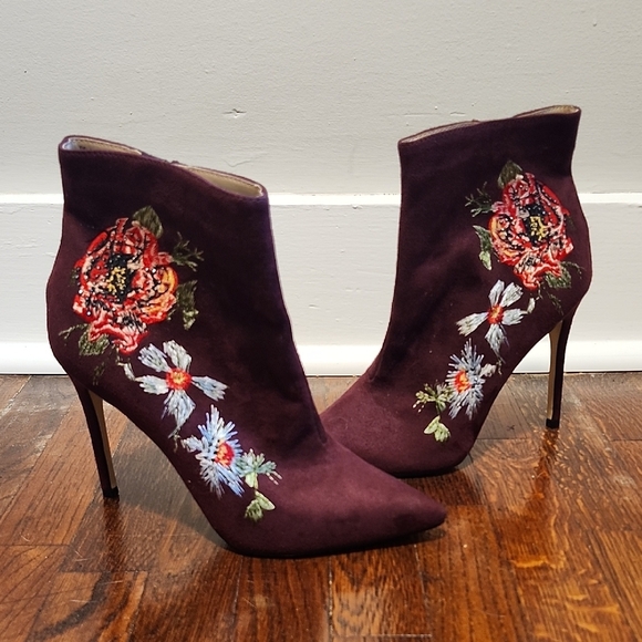 bebe Shoes - Bebe Delonix Gorgeous Eggplant Heeled Boots with Floral Embroidery